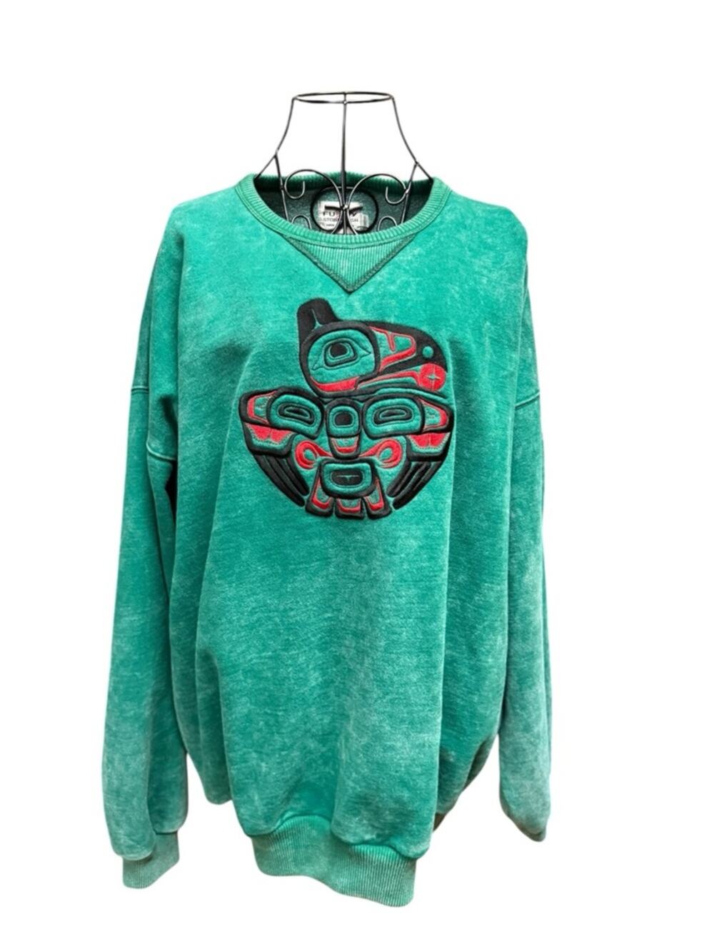 Teal Green Stonewash Cotton Green Crewneck Sweatshirt with Native Motif XL